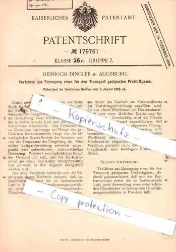 Original Patent  - Heinrich Dingler in Augsburg , 1905 , Fördervorrichtung für Preßluftgas !!!