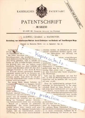 Original Patent  - Ludwig Grabau in Hannover , 1890 , Darstellung von metallischem Natrium !!!