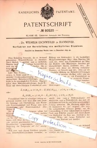 Original Patent  -  Dr. Wilhelm Eschweiler in Hannover , 1893 , Herstellung von Diaminen !!!