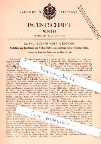 Original Patent  - Dr. Paul Roennefahrt in Dresden , 1891 ,  Herstellung von Verbandstoffen !!!