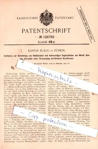 Original Patent  - Kaspar Ruegg in Zürich , 1901 , Verfahren zur Herstellung von Hohlkörpern !!!