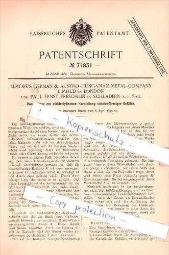 Original Patent - E. Preschlin in Schladern , German & Astro-Hungarian Metal-Company Ltd.in London , 1893 , !!!