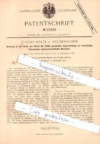 Original Patent - G. Bölte in  Oschersleben , 1888 , Landwirthschaftliche Geräthe !!!
