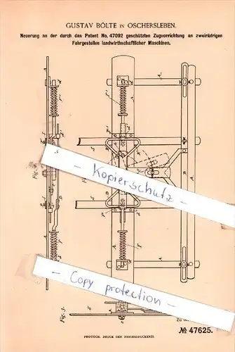Original Patent - G. Bölte in  Oschersleben , 1888 , Landwirthschaftliche Geräthe !!!