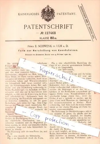 Original Patent - Firma E. Schwenk in Ulm a. D. , 1901 , Form zur Herstellung von Kunststeinen !!!