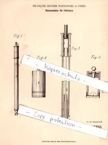 Original Patent -  Francois Xavier Poznanski in Paris , 1881 , Dintenbehälter für Füllfedern , Federhalter !!!