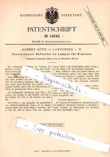 Original Patent - Robert Rühe in Landsberg a. W./ Gorzów Wielkopolski , 1880 , Reflektor an Lampen und Pianinos !!!