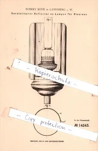Original Patent - Robert Rühe in Landsberg a. W./ Gorzów Wielkopolski , 1880 , Reflektor an Lampen und Pianinos !!!