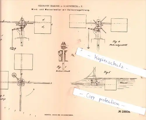 Original Patent -  H. Haeder in Schönebeck a. E. , 1884 , Wind- und Wassermotor mit Selbstregulierung !!!