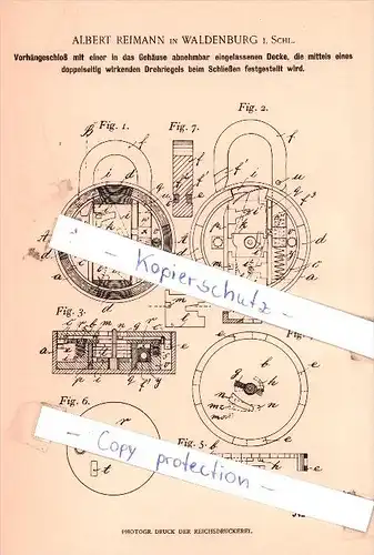 Original Patent - Albert Reimann in Waldenburg / Walbrzych i. Schlesien , 1902 ,  Vorhängeschloß  !!!