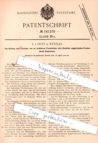 Original Patent - F. J. Fritz in Wetzlar , 1902 , Vorrichtung zum Trocknen !!!