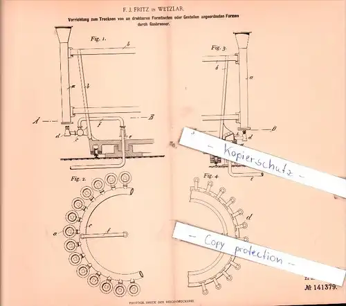 Original Patent - F. J. Fritz in Wetzlar , 1902 , Vorrichtung zum Trocknen !!!