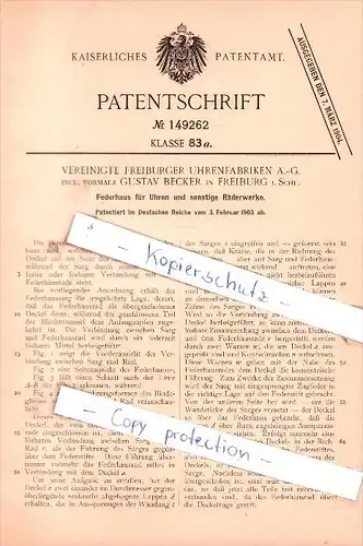 Original Patent - Vereinigte Freiburger Uhrenfabriken A.-G. incl. vormals Gustav Becker in Freiburg !!!
