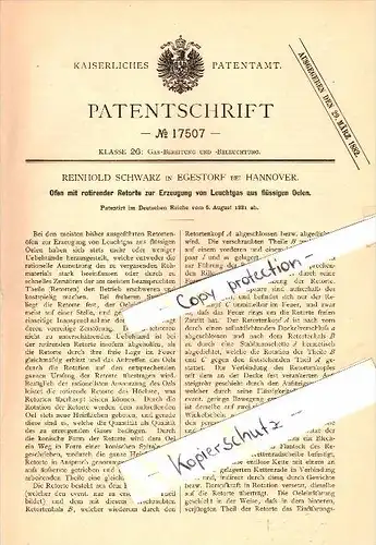 Original Patent - Reinhold Schwarz in Egestorf b. Harburg , 1881 , Ofen zur Erzeugung von Leuchtgas , Hannover !!!