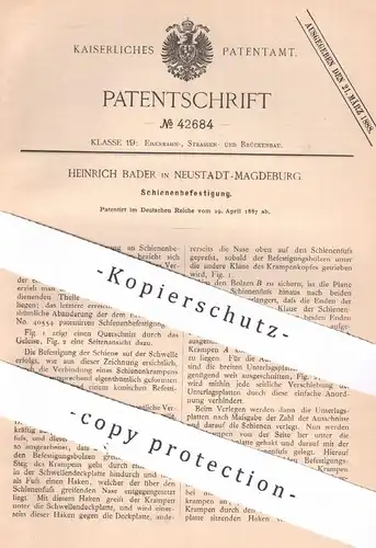 original Patent - Heinrich Bader , Magdeburg / Neustadt , 1887 , Schienenbefestigung | Eisenbahn - Schienen !!