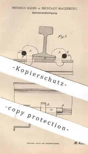 original Patent - Heinrich Bader , Magdeburg / Neustadt , 1887 , Schienenbefestigung | Eisenbahn - Schienen !!