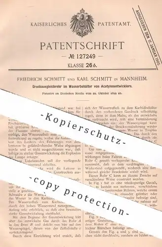 original Patent - Friedrich & Karl Schmitt , Mannheim , 1899 , Druckausgleichrohr im Behälter von Acetylenentwickler