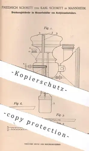 original Patent - Friedrich & Karl Schmitt , Mannheim , 1899 , Druckausgleichrohr im Behälter von Acetylenentwickler