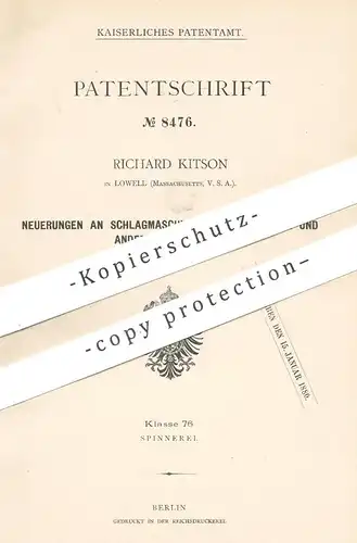 original Patent - Richard Kitson , Lowell , Massachusetts , USA , 1879 , Schlagmaschine für Baumwolle , Faser , Garn !!