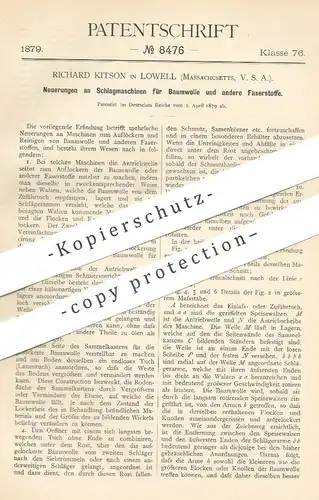 original Patent - Richard Kitson , Lowell , Massachusetts , USA , 1879 , Schlagmaschine für Baumwolle , Faser , Garn !!