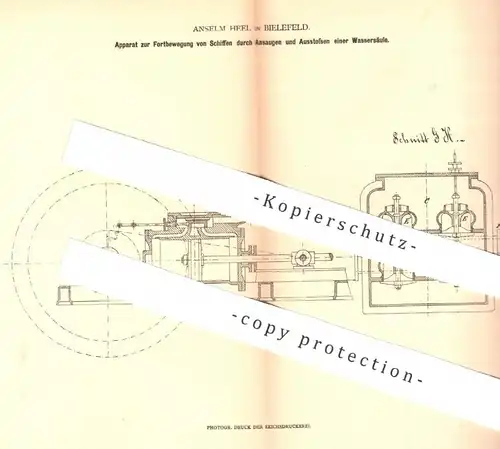 original Patent - Anselm Heel , Bielefeld , 1879 , Fortbewegung der Schiffe durch Ansaugen & Ausstoßen einer Wassersäule