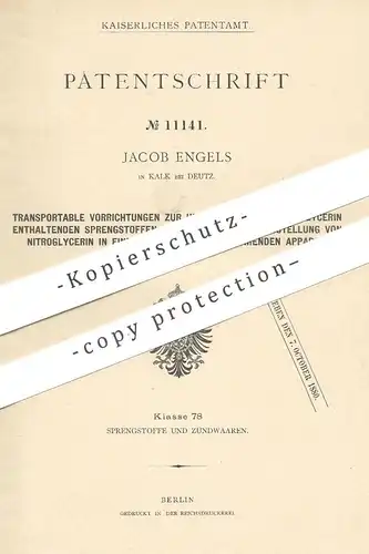 original Patent - Jacob Engels , Kalk / Deutz / Köln , 1880 , Sprengstoff mit Nitroglycerin | Zündstoff , Waffe !!