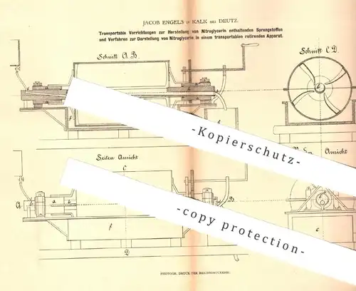 original Patent - Jacob Engels , Kalk / Deutz / Köln , 1880 , Sprengstoff mit Nitroglycerin | Zündstoff , Waffe !!