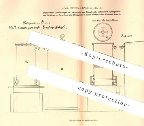 original Patent - Jacob Engels , Kalk / Deutz / Köln , 1880 , Sprengstoff mit Nitroglycerin | Zündstoff , Waffe !!