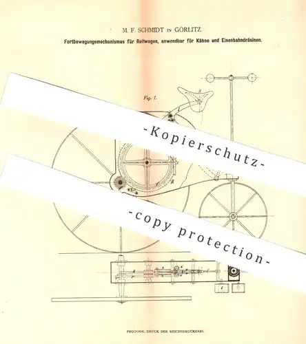 original Patent - M. F. Schmidt , Görlitz , 1879 , Fortbewegung von Reitwagen , Kutsche , Eisenbahndräsine , Dräsine !!