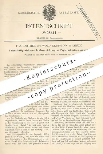 original Patent - F. A. Barthel , Wold. Klipphann , Leipzig 1882 , Presse an Papierschneidemaschine | Papier  Buchbinder