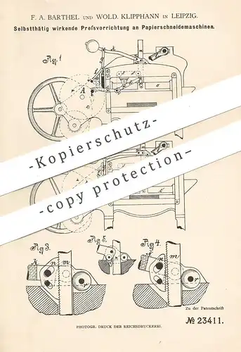 original Patent - F. A. Barthel , Wold. Klipphann , Leipzig 1882 , Presse an Papierschneidemaschine | Papier  Buchbinder