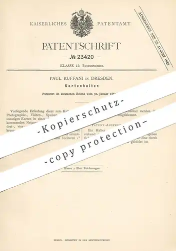 original Patent - Paul Ruffani , Dresden , 1883 , Kartenhalter | Karten - Halter | Buchbinder , Papier , Buch , Karte !