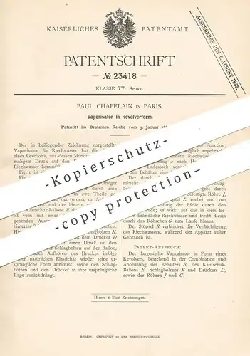 original Patent - Paul Chapelain , Paris , Frankreich , 1883 , Vaporisator in Revolverform | Revolver , Sport , Waffen