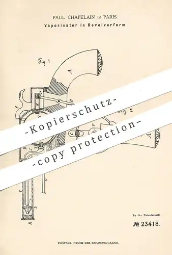 original Patent - Paul Chapelain , Paris , Frankreich , 1883 , Vaporisator in Revolverform | Revolver , Sport , Waffen