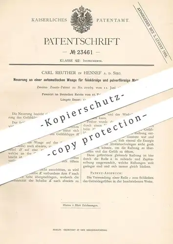 original Patent - Carl Reuther , Hennef / Sieg , 1883 , automatische Waage für Pulver , Körner , Getreide !!!