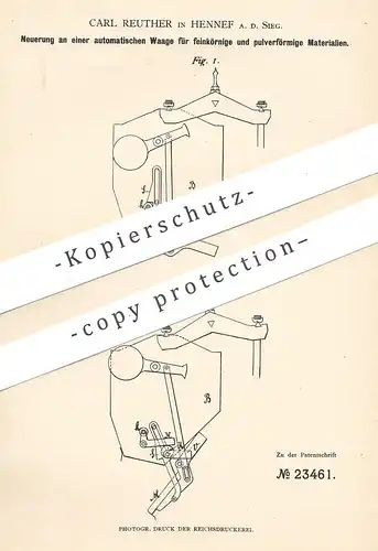 original Patent - Carl Reuther , Hennef / Sieg , 1883 , automatische Waage für Pulver , Körner , Getreide !!!