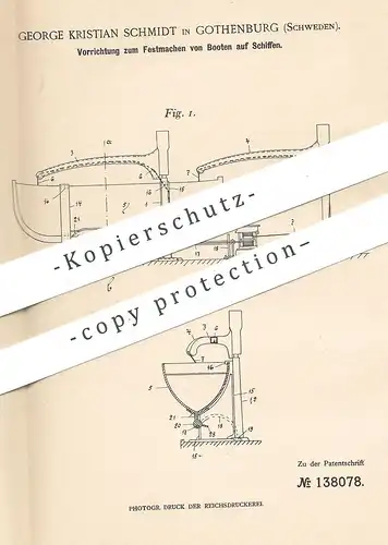 original Patent - George Kristian Schmidt , Gothenburg , Schweden , 1901 , Festmachen der Boote auf Schiff | Schiffbau