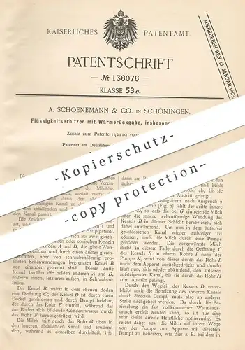 original Patent - A. Schoenemann & Co. , Schöningen 1902 , Flüssigkeitserhitzer m. Wärmerückgabe | Milch | Milcherhitzer