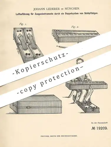 original Patent - Johann Lederer , München , 1881 , Luftzuführung für Zungeninstrument | Musikinstrument , Musik !!!