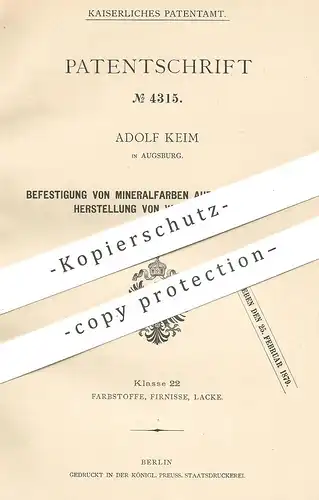 original Patent - Adolf Keim , Augsburg , 1878 , Mineralfarben auf Wandputz für Wandgemälde | Maler , Gemälde , Farbe !!