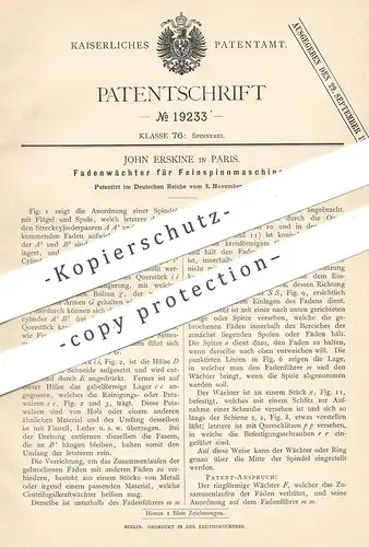 original Patent - John Erskine , Paris , Frankreich 1881 , Fadenwächter für Feinspinnmaschine | Spinnmaschine | Spinnrad