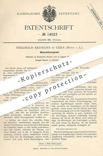 original Patent - Friedrich Erdmann , Gera / Reuss , 1880 , Webschützenspindel | Webschütze | Spindel | Webstuhl , Weber