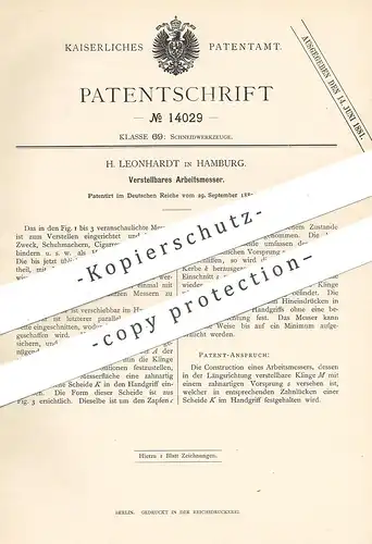 original Patent - H. Leonhardt , Hamburg , 1880 , Verstellbares Arbeitsmesser | Messer , Taschenmesser | Schuster !!!
