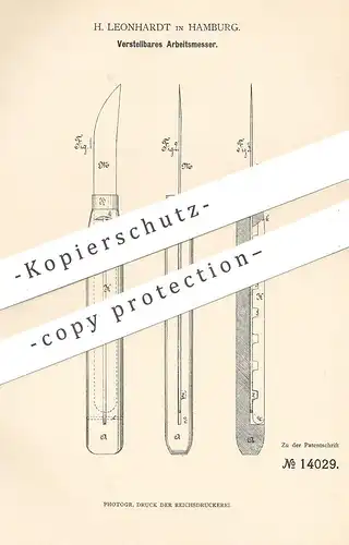 original Patent - H. Leonhardt , Hamburg , 1880 , Verstellbares Arbeitsmesser | Messer , Taschenmesser | Schuster !!!