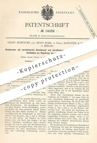 original Patent - Ernst Schuster & Hugo Baer , Berlin , 1880 , Rundbrenner | Brenner | Gas , Docht , Licht , Beleuchtung