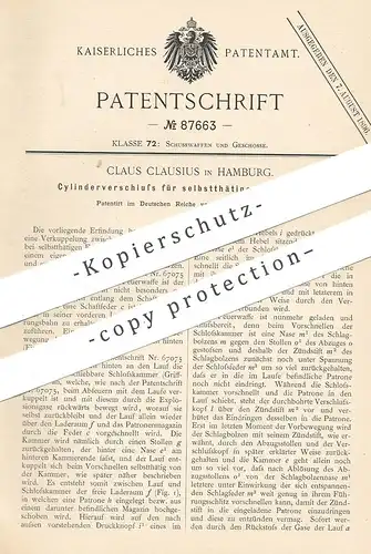 original Patent - Claus Clausius , Hamburg  1895 , Zylinderverschluss für Feuerwaffe | Gewehr | Revolver , Jagd , Pistol