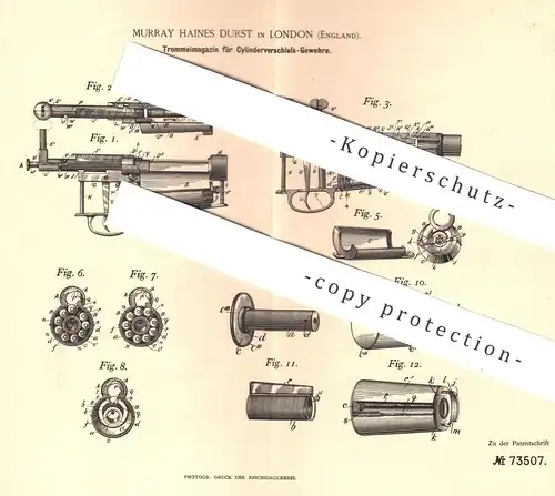 original Patent - Murray Haines Durst , London , England , 1892 , Trommelmagazin für Gewehr | Waffe , Revolver , Jagd !!