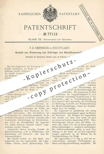 original Patent - F. E. Heinrich , Stuttgart , 1894 , Sicherung der Visierlage von Handfeuerwaffe | Gewehr , Revolver !!