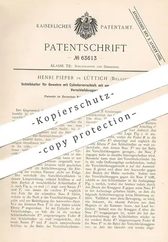 original Patent - Henri Pieper , Lüttich , Belgien , 1891 , Schoßhalter für Gewehr | Waffe , Pistole , Jagd , Revolver !