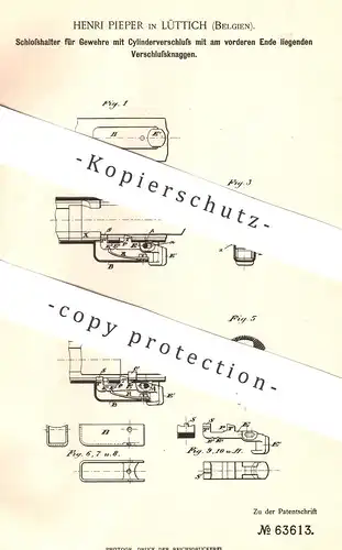 original Patent - Henri Pieper , Lüttich , Belgien , 1891 , Schoßhalter für Gewehr | Waffe , Pistole , Jagd , Revolver !